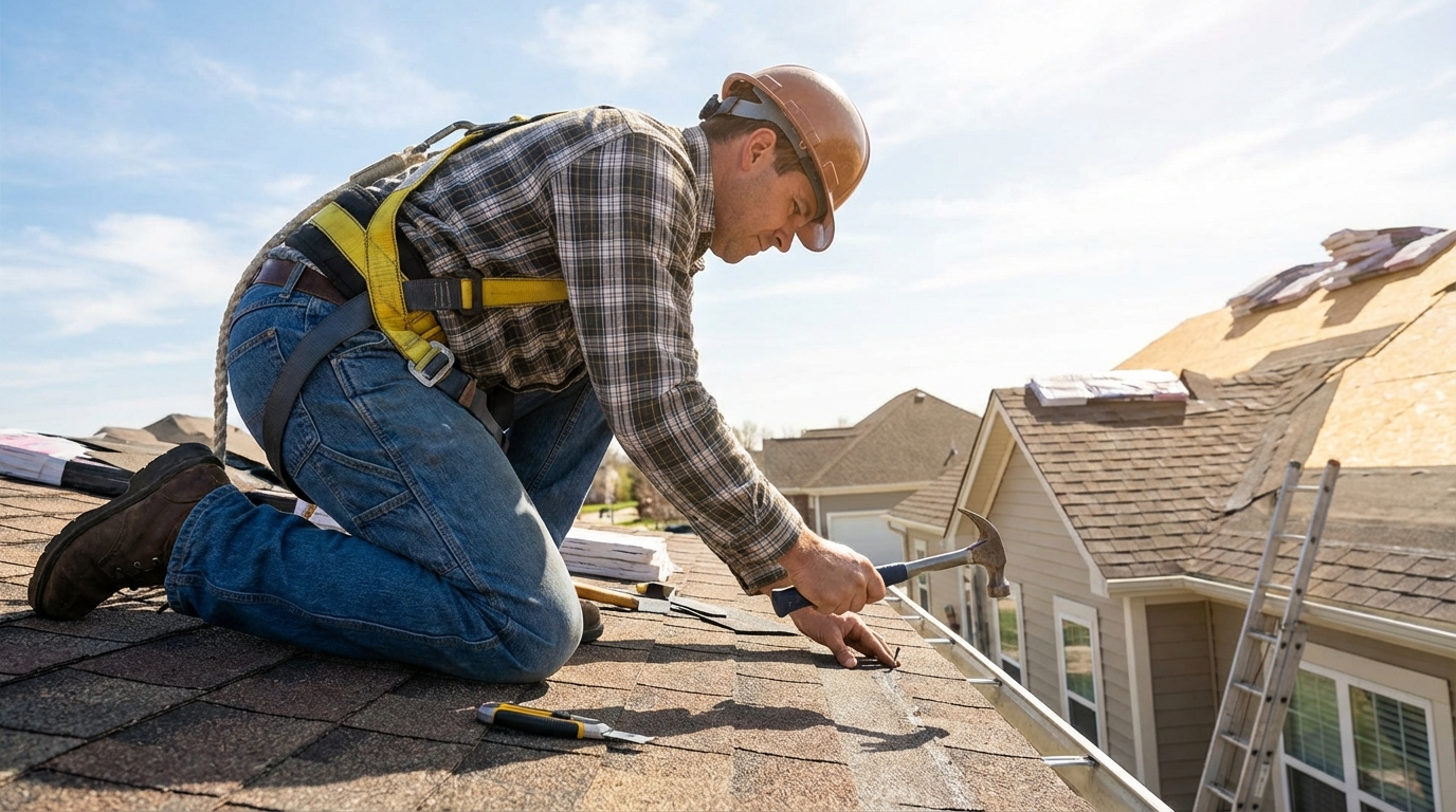 Roofing sales professional inspecting a roof